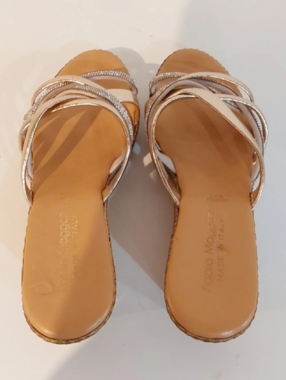 Fabio Maggenti|Wedge Slide Sandals in Metallic Gold/Silver Bling Slip On Sz.7.5